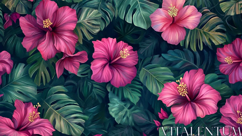 Vibrant pink hibiscus flowers with tropical monstera foliage arrangement