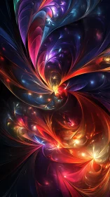 Fractal light blooms in swirling prismatic vortex composition.