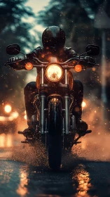 Midnight rider storms a rainlit street in molten sparks.