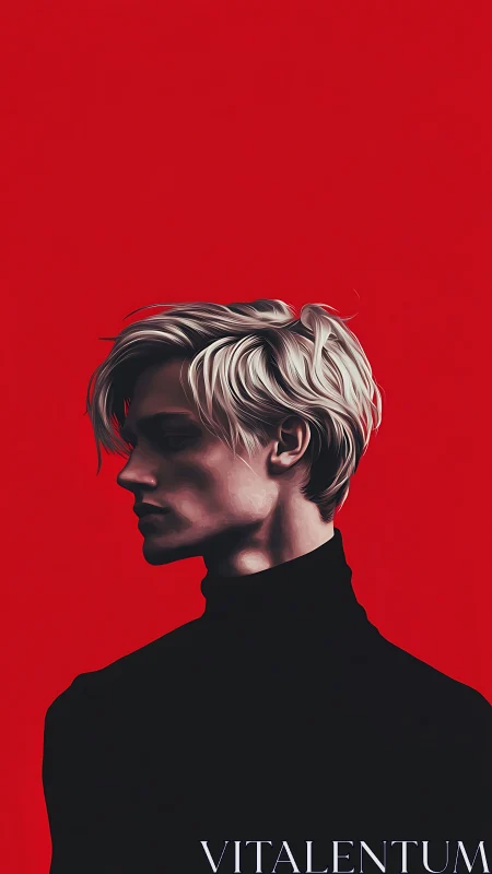 Blond profile portrait cuts a stark figure against crimson.