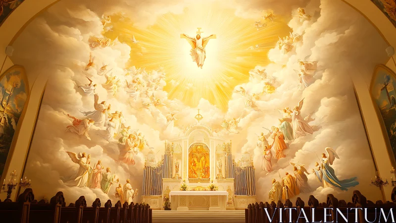 Radiant church mural filled with glowing clouds and angels.