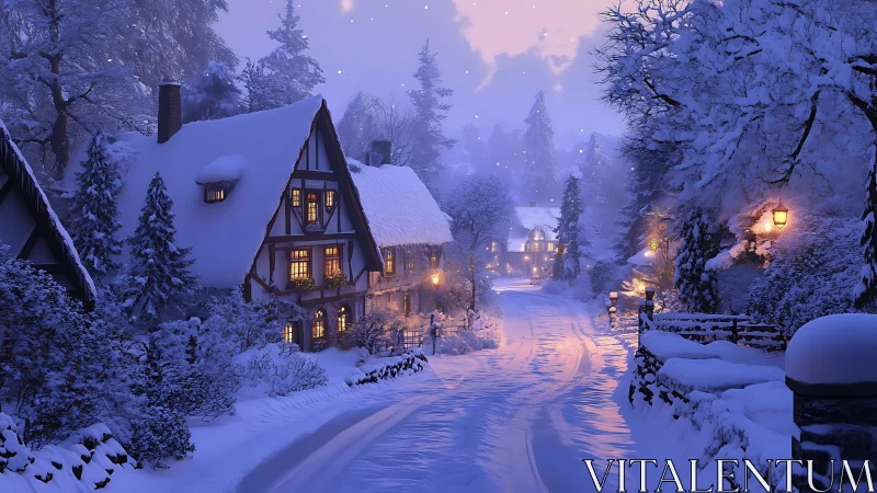 Snowlit cottage lane glows with twilight chimney warmth.