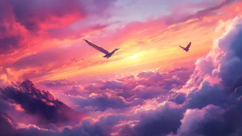 Birds flying above cloudscape at vivid sunset horizon.