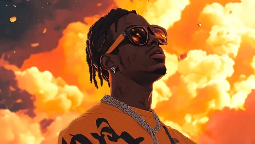 Stylized urban portrait against blazing cloudscape sky.