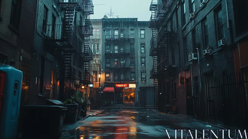 Neon diner heartbeat in a rainwashed city alleyway night.