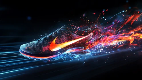 Flaming neon running shoe rockets through electric night trail.