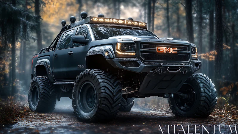 Lifted GMC off-road truck dominates a misty autumn forest trail