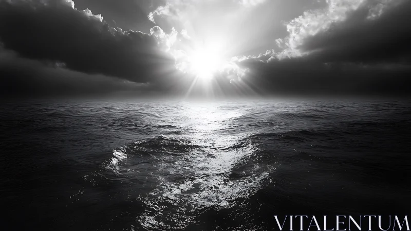 Dramatic monochrome ocean glows beneath piercing sunrise.