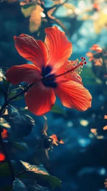 Vibrant Red Hibiscus Bloom Glowing in Warm Sunlight