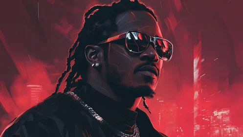 Neon red city portrait with reflective sunglasses and smoke