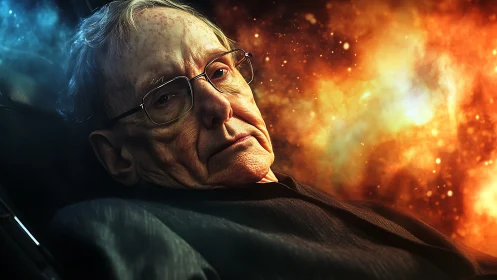 Elder thinker adrift before twin nebula fires of memory.