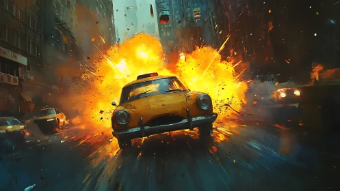 Yellow taxi erupts from cinematic downtown explosion scene.