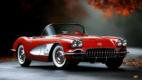 Classic red roadster glows under soft autumn overcast light.