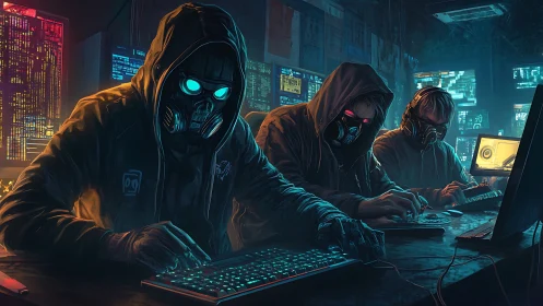Midnight mask-clad hackers weaving neon code storms.