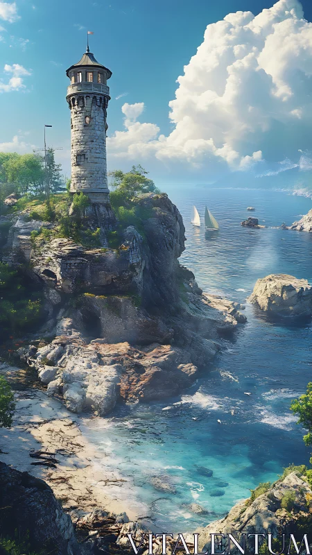 Coastal Lighthouse on Rocky Cliffs Overlooking Sailboats