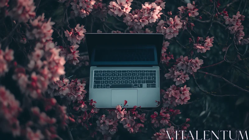Open laptop suspended amid dark, saturated cherry blossoms