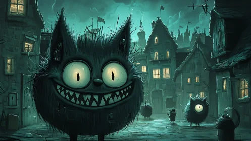 Nightmare feline specter in teal-lit crooked city street.