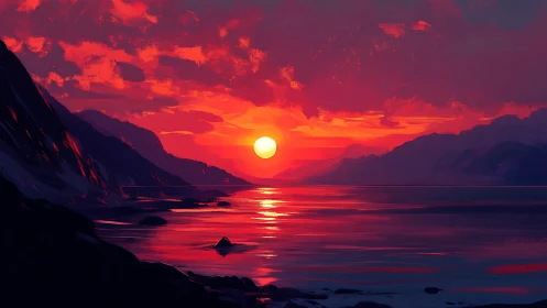 Crimson coast sunset pouring molten light across calm waters.