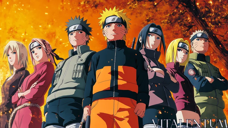 Ninja team stands united before blazing autumn forest sky
