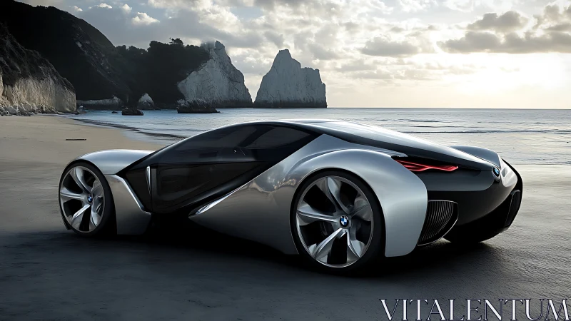 Futuristic concept supercar rests on a serene ocean shore