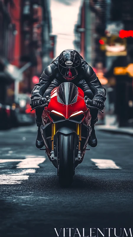 Motorcyclist rides a red sport bike through an urban street