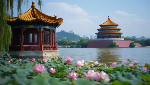 Lakeside pagodas and soft pink lotus blooms in gentle light.