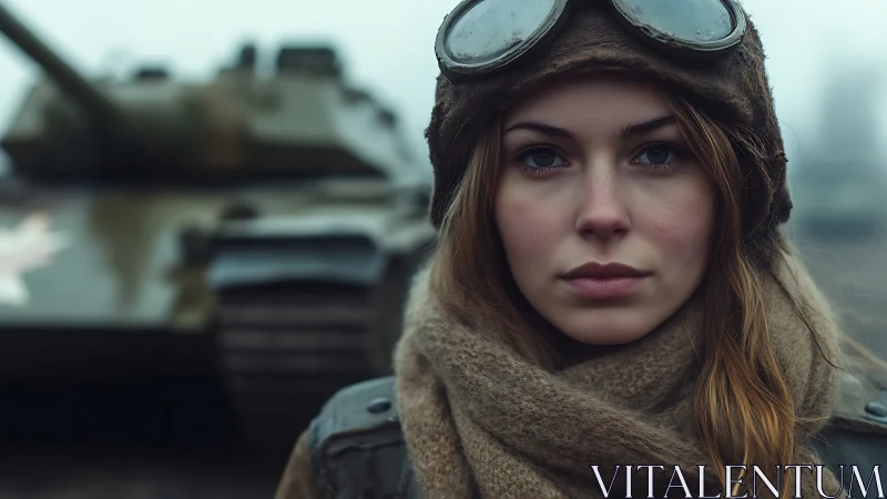 Young tank crewwoman in cold wartime landscape portrait.