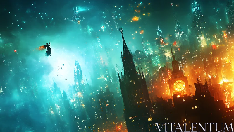 Lone hero soars above neon-lit city divided by fire and ice.