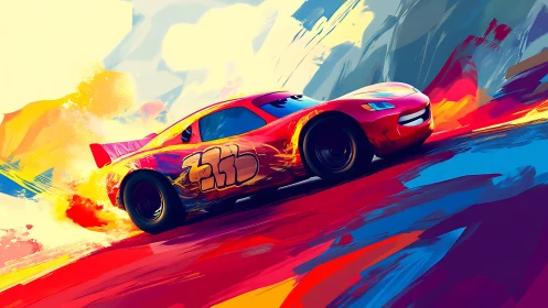 Dynamic red race car rendered with expressive motion blur strokes