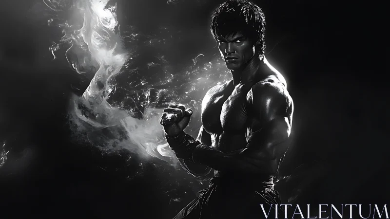 Monochrome martial artist with smoky kinetic energy aura.