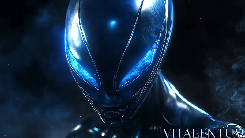 Futuristic alien sentinel gazes through glowing blue eyes