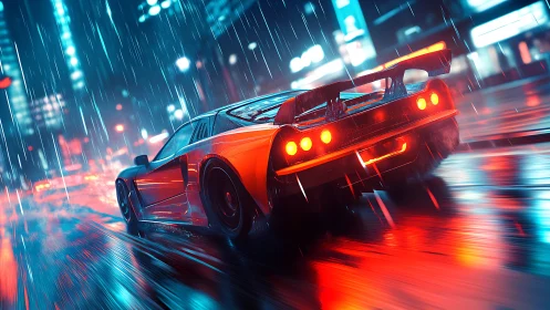 Neon rain chases a cyber-streaking supercar through night