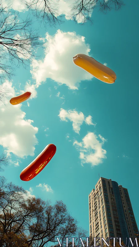 Skyward hotdog zeppelins over a turquoise city afternoon.