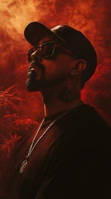 Portrait of man in red smoke with cap and sunglasses.