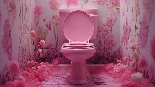 Monochrome pink floral toilet vignette in surreal bathroom set.