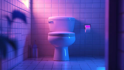 Neon bathroom throne glowing in dreamy cyber twilight.