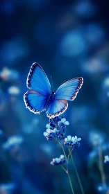 Blue butterfly hovers over wildflower in soft bokeh field.