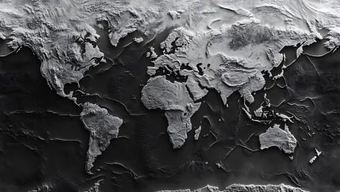 Global shaded-relief topographic world map with high-contrast depth cues