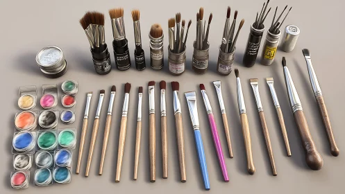 Photorealistic studio layout of assorted paintbrush tools.