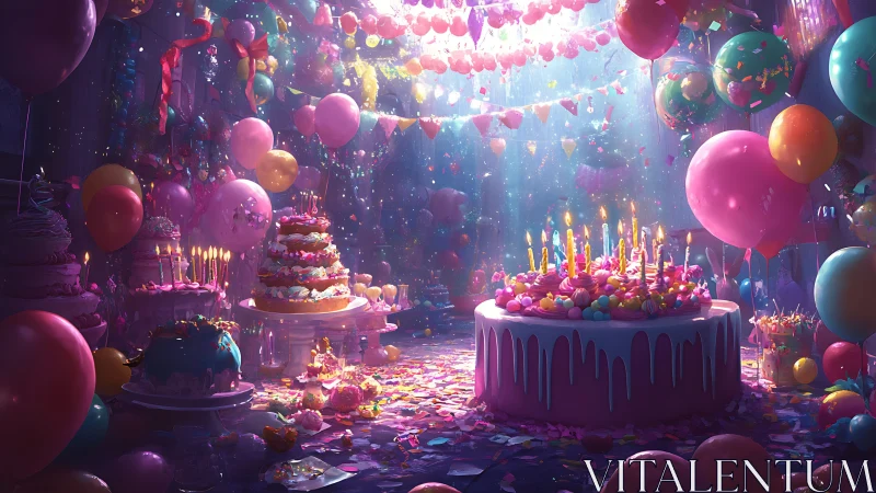Surreal Birthday Celebration with Luminous Cake and Floating Balloons