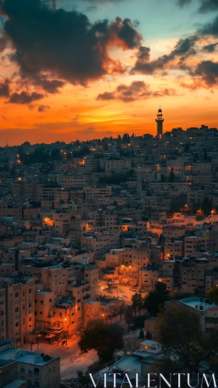 Hilltop Middle Eastern city under vivid sunset sky.