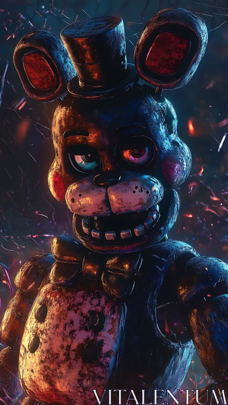 Animatronic bear robot stands in dark, ember filled scene