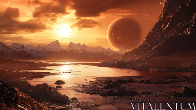 Alien sunset over molten shoreline and distant twin worlds.