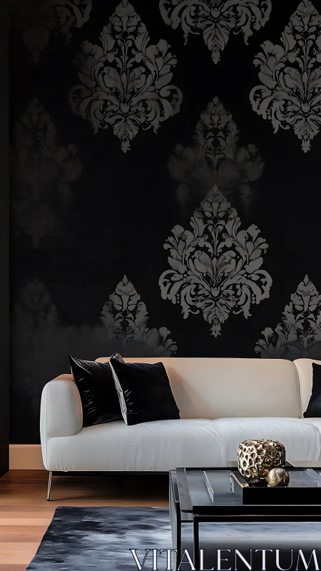 Neutral living room with dark damask wall and sofa.