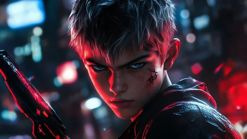 Cyberpunk youth assassin under neon rim lighting glare.