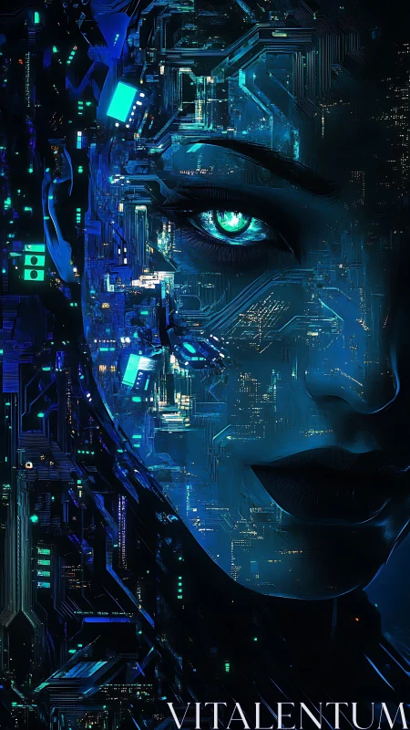 Neon cybernetic muse gazes through circuitry twilight.