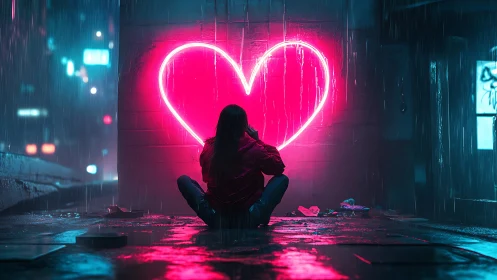 Person in alley at night under neon pink heart light sign.