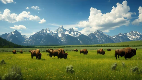 Wild bison herd grazing beneath dramatic alpine peaks.