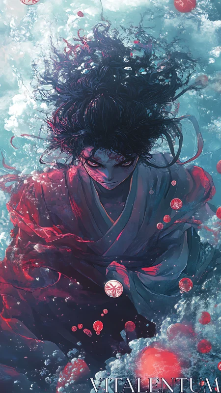 Dark-haired warrior sinking through turbulent ocean depths.