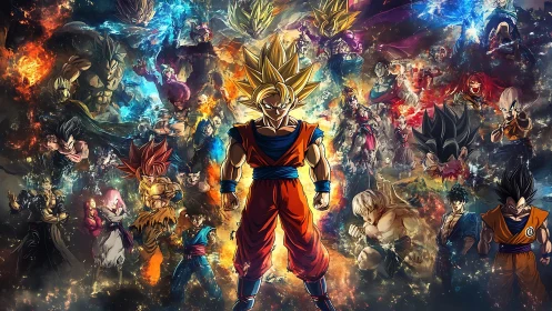 Central golden‑haired fighter stands before chaotic battle collage